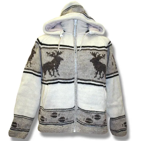 100% Wool Jacket with Moose/ Zip-Off with Hood for men and women. Fleece Lining. handmade in Nepal.