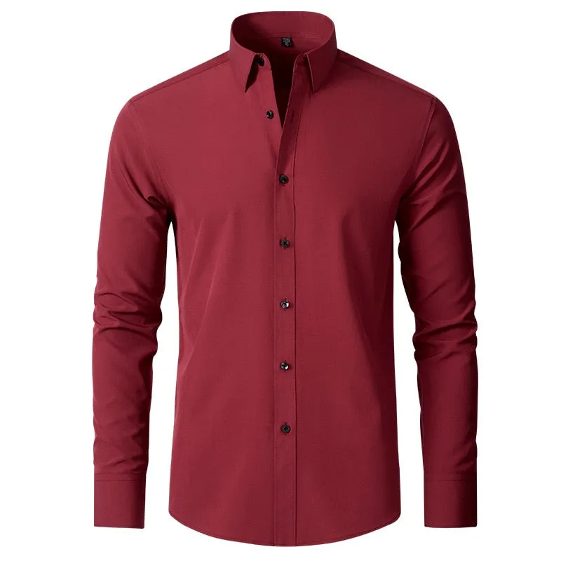 6xl New autumn and winter  elastic force non-iron men&#39;s long-sleeved business casual shirt solid color mercerized vertical shirt