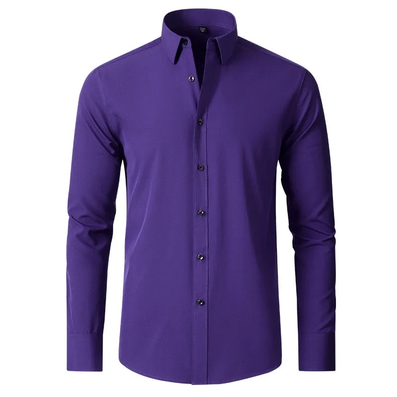 6xl New autumn and winter  elastic force non-iron men&#39;s long-sleeved business casual shirt solid color mercerized vertical shirt