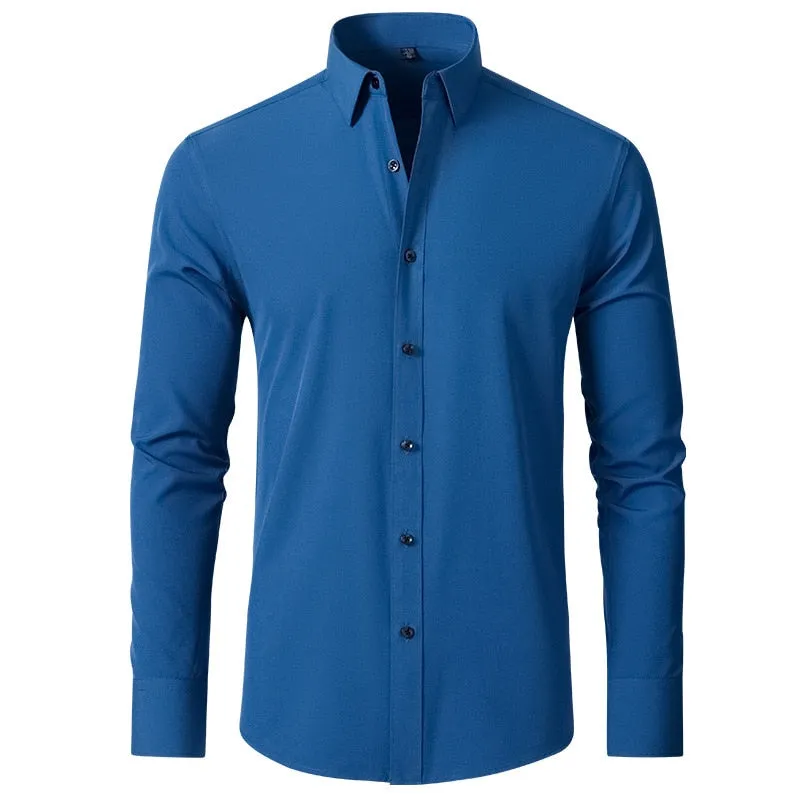 6xl New autumn and winter  elastic force non-iron men&#39;s long-sleeved business casual shirt solid color mercerized vertical shirt