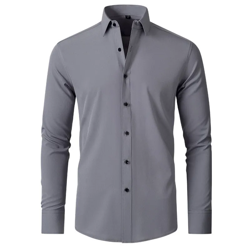 6xl New autumn and winter  elastic force non-iron men&#39;s long-sleeved business casual shirt solid color mercerized vertical shirt