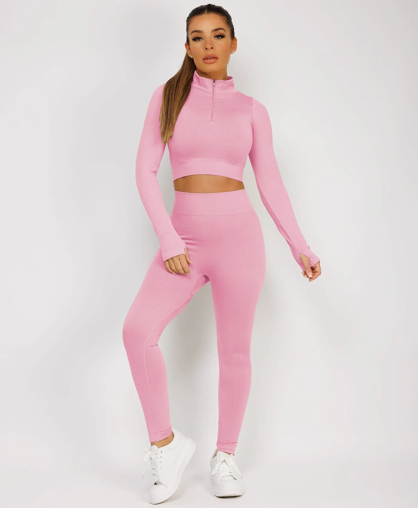 Baby Pink Half Zipped Neck Ribbed Activewear Set