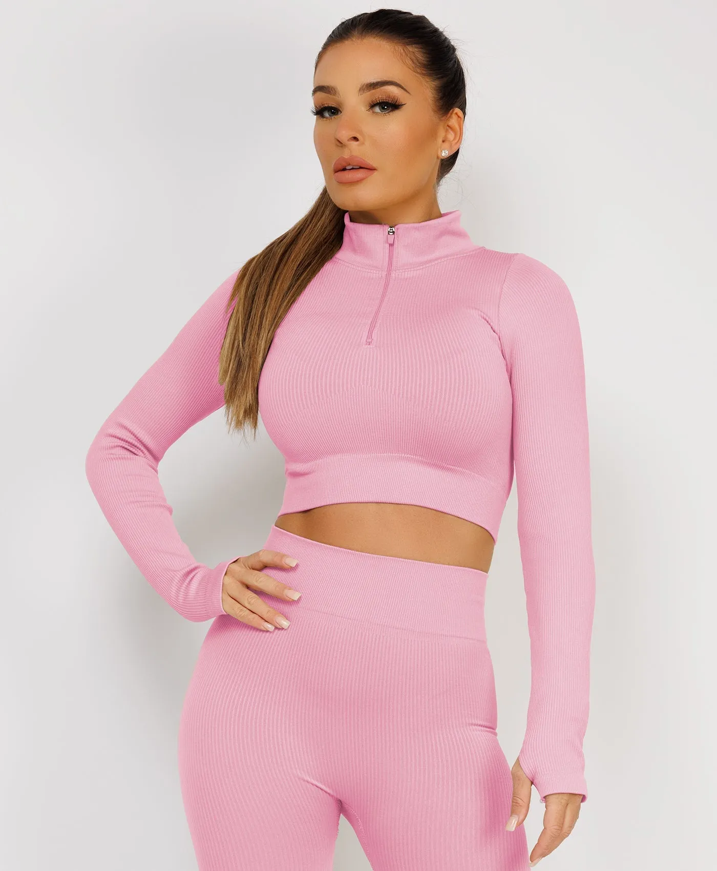 Baby Pink Half Zipped Neck Ribbed Activewear Set