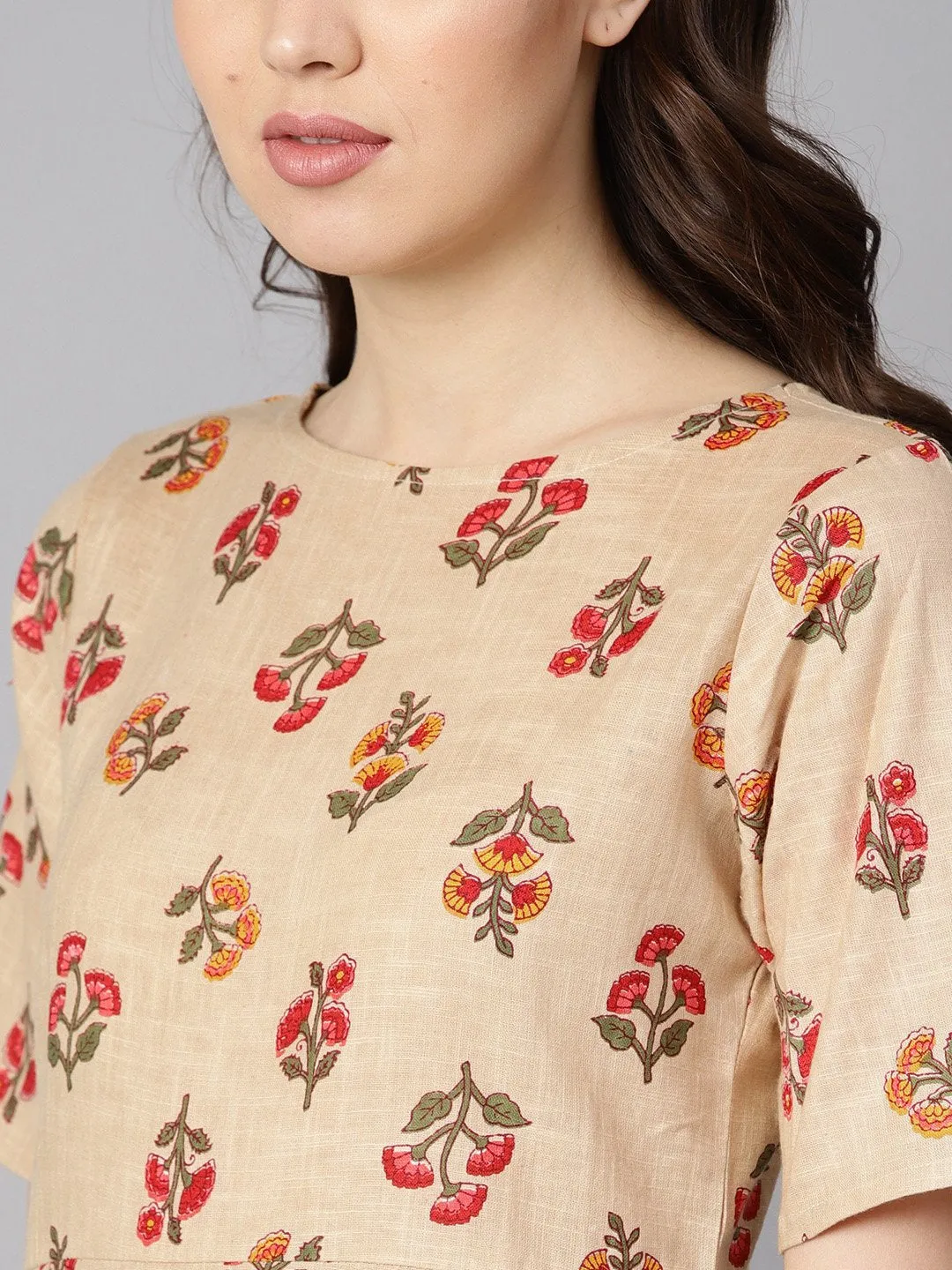 Beige Floral Printed  Boat Neck Half Sleeve Straight Kurta With Solid Pants.