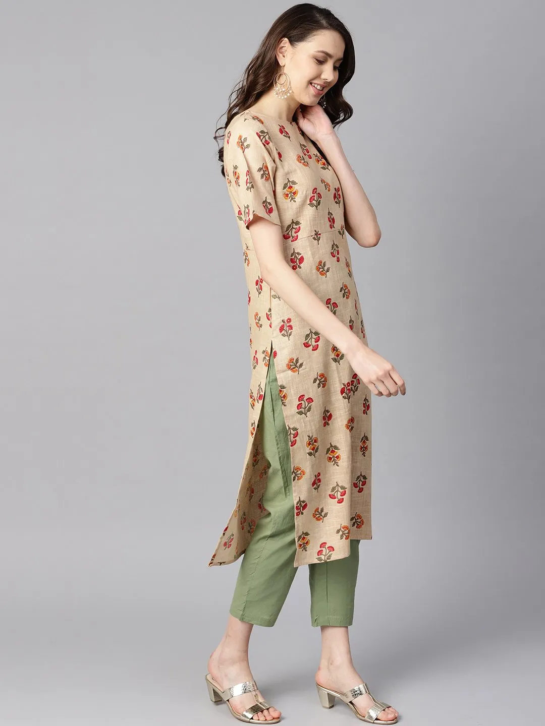 Beige Floral Printed  Boat Neck Half Sleeve Straight Kurta With Solid Pants.