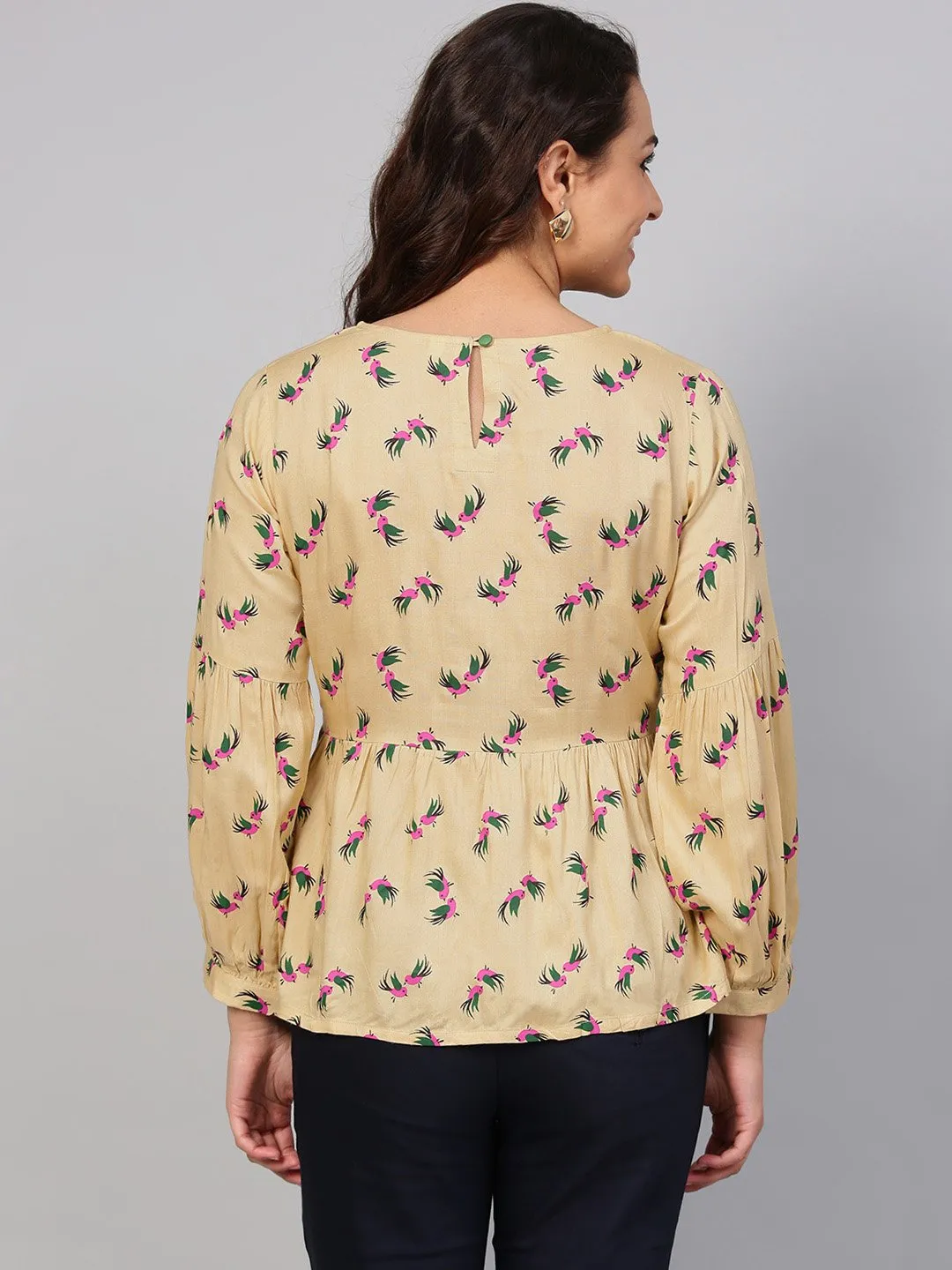 Beige Multi Colored Printed Knot Style Top With Round Neck