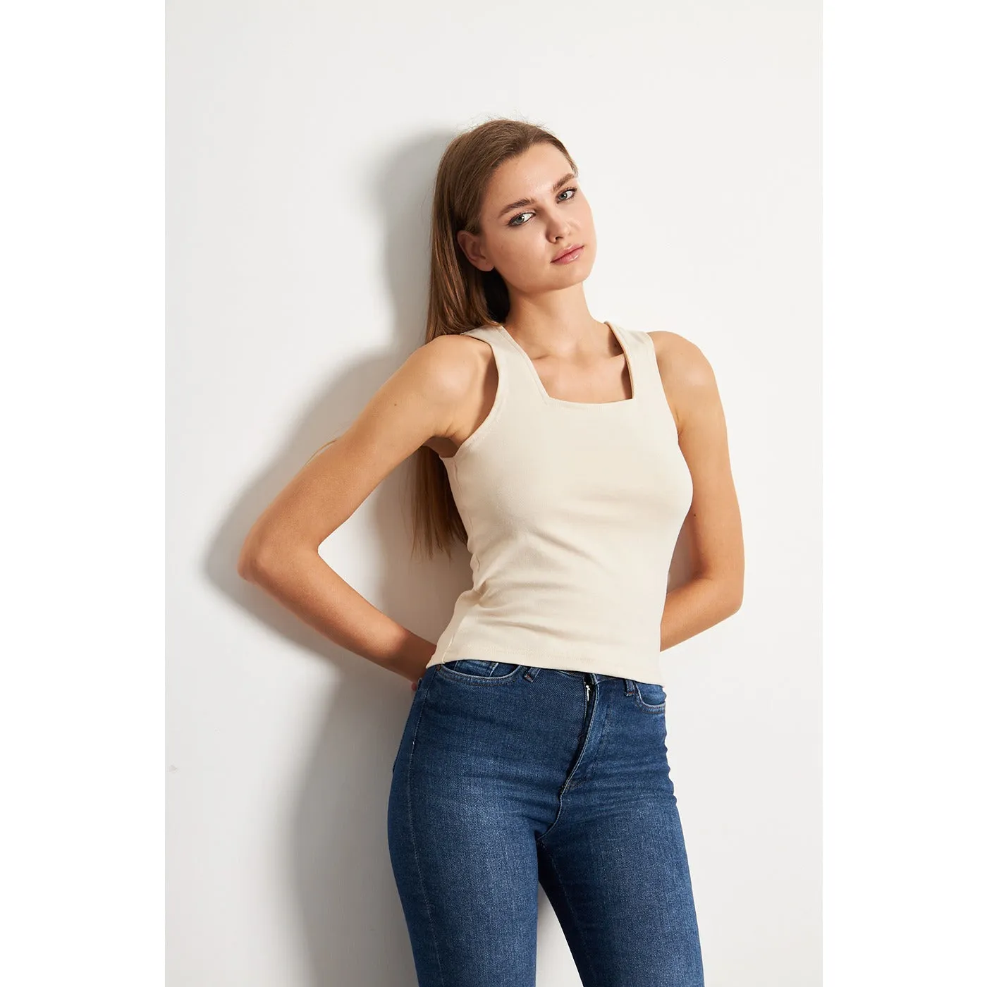 Beige Square Neck Tank Top