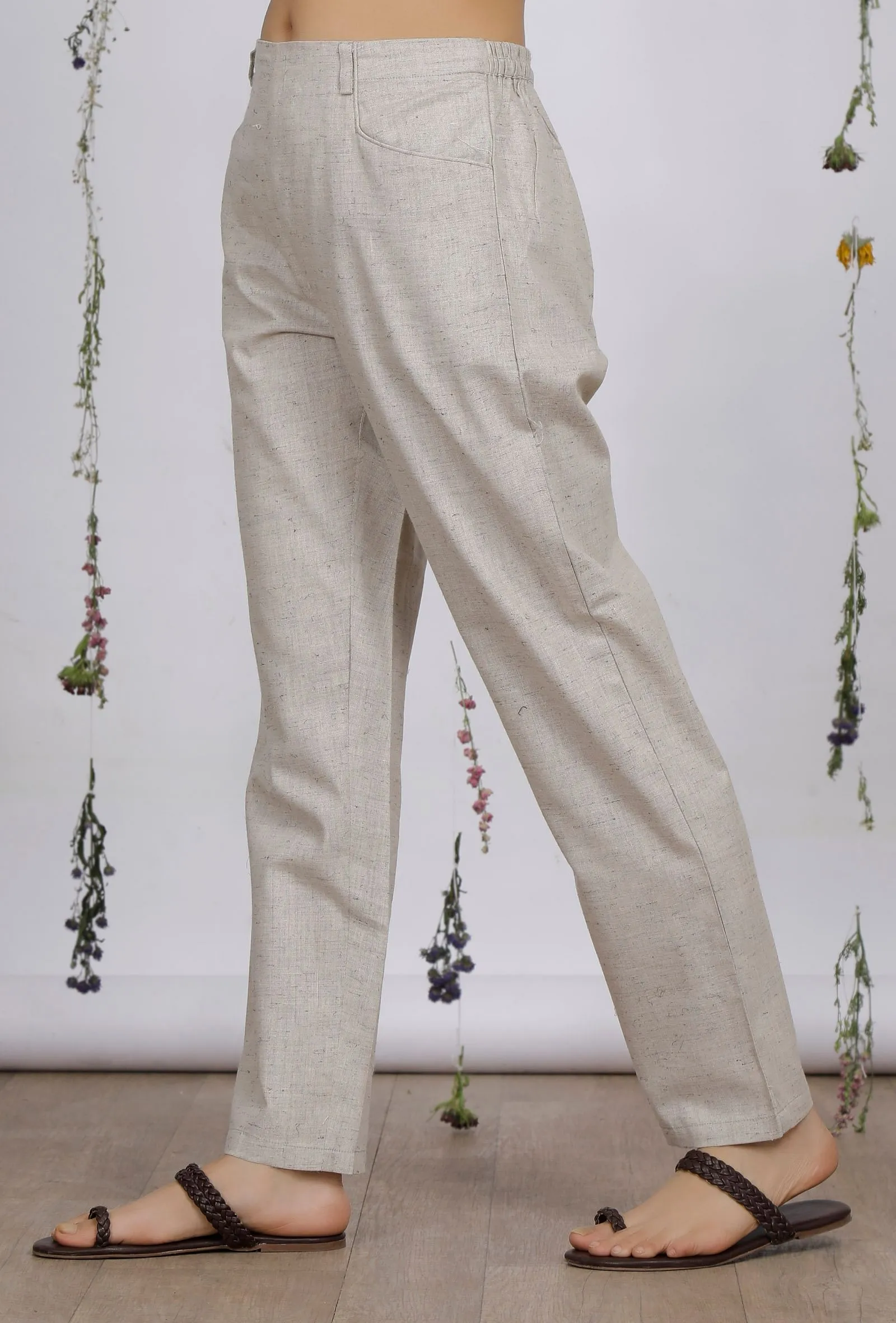 Beige Straight Cotton Khadi Pants with Pockets