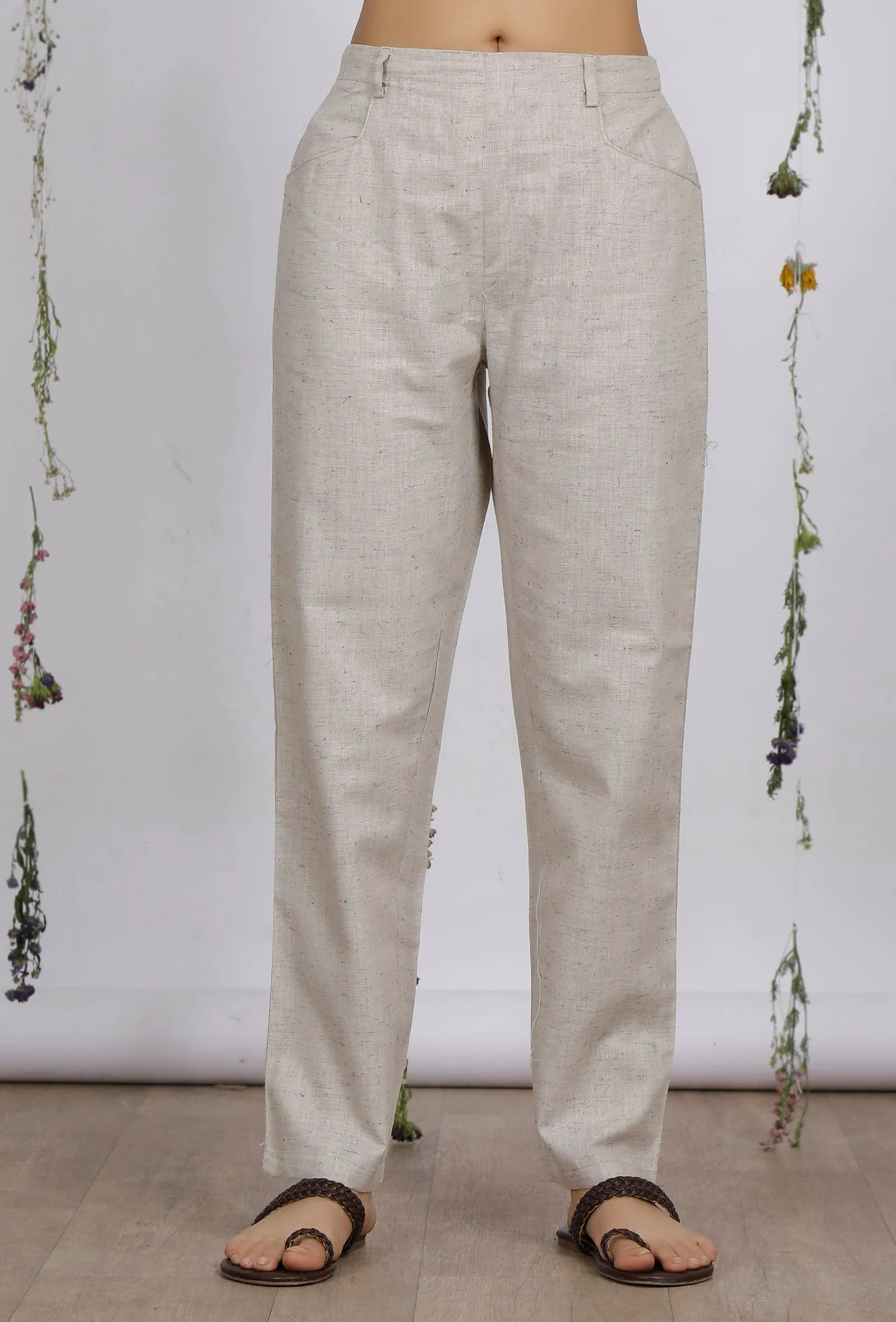 Beige Straight Cotton Khadi Pants with Pockets