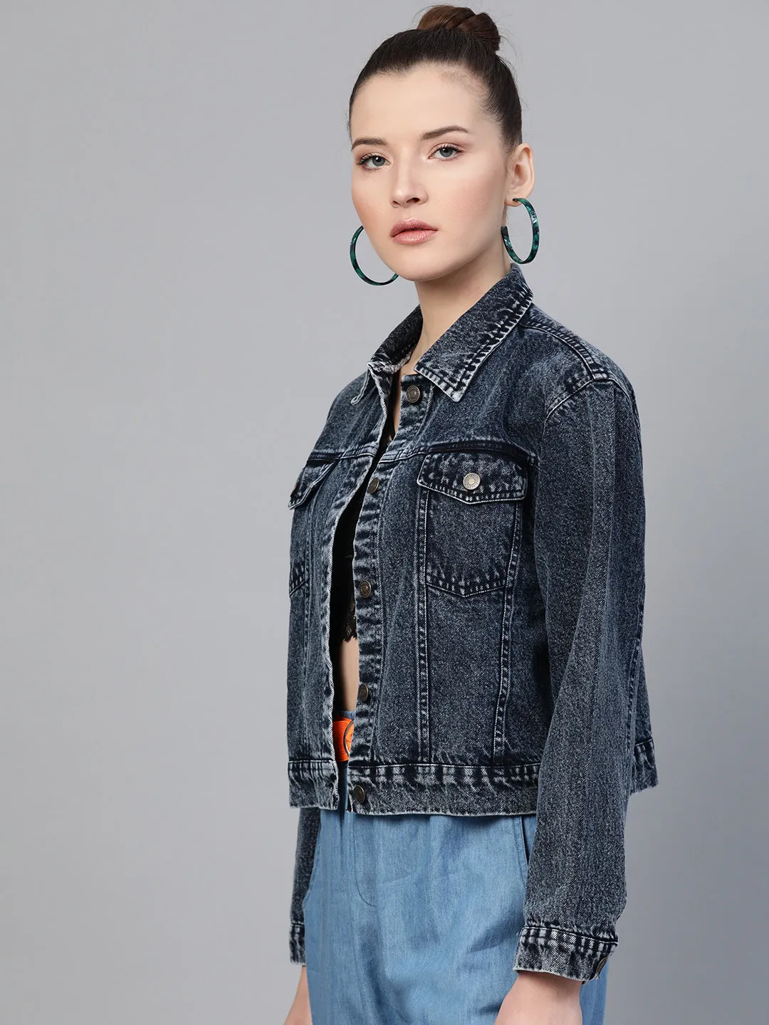 Black Acid Wash Boxy Denim Jacket