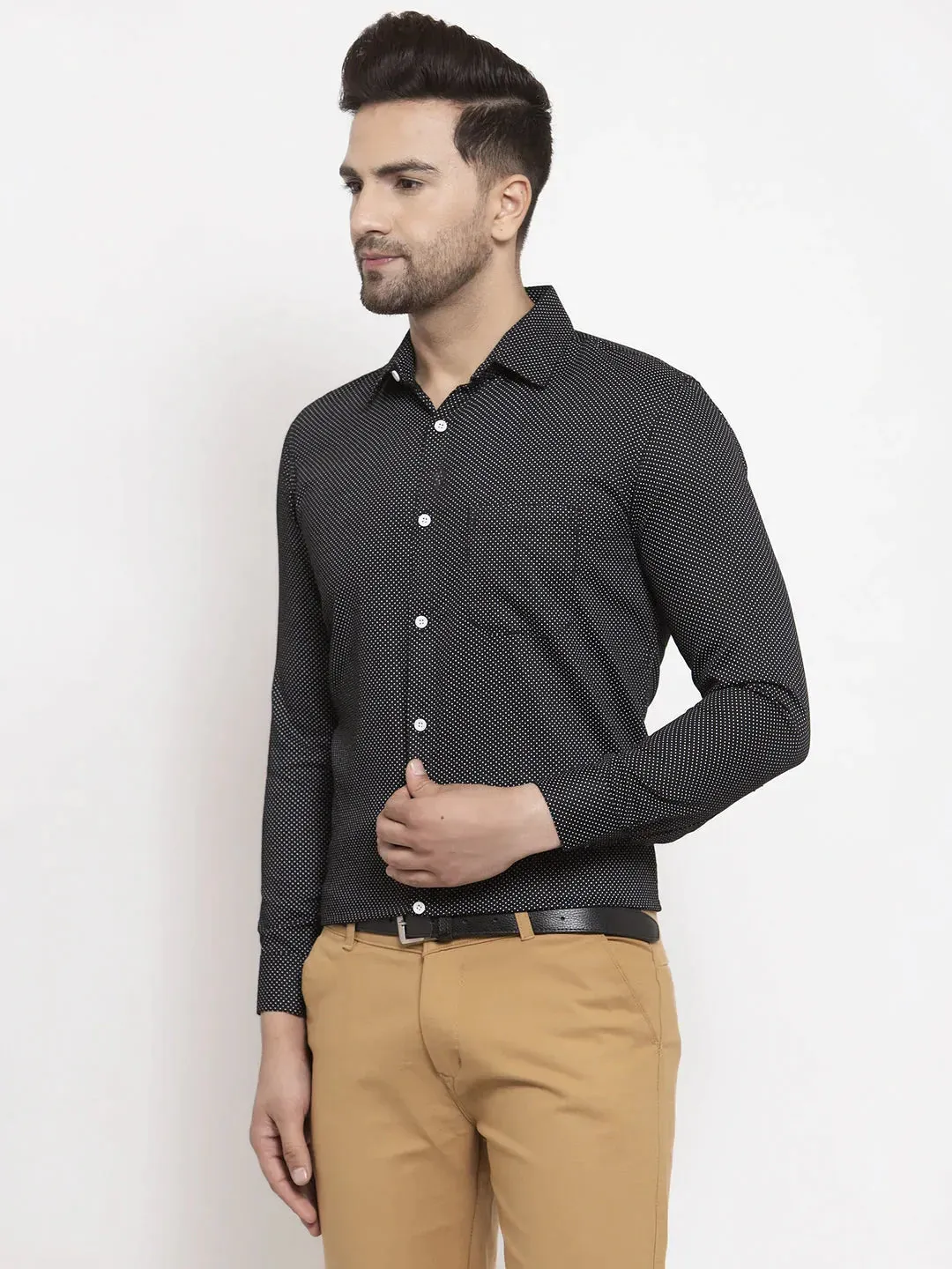 Black Men'S Cotton Polka Dots Formal Shirts