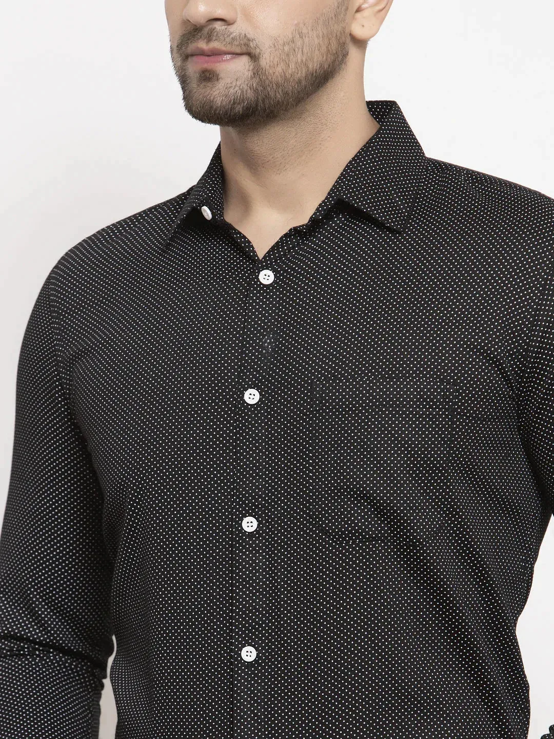 Black Men'S Cotton Polka Dots Formal Shirts