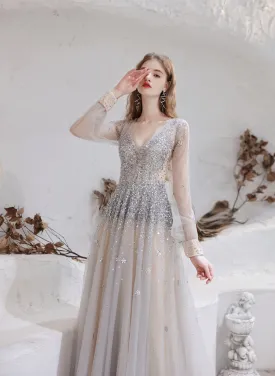 Champagne Prom Dresses Tulle Beading Luxury V Neck Long Sleeves Evening Dress 2025 Long Evening Party Dresses Women Robe De Luxe Femme Backless A Line Prom Gown