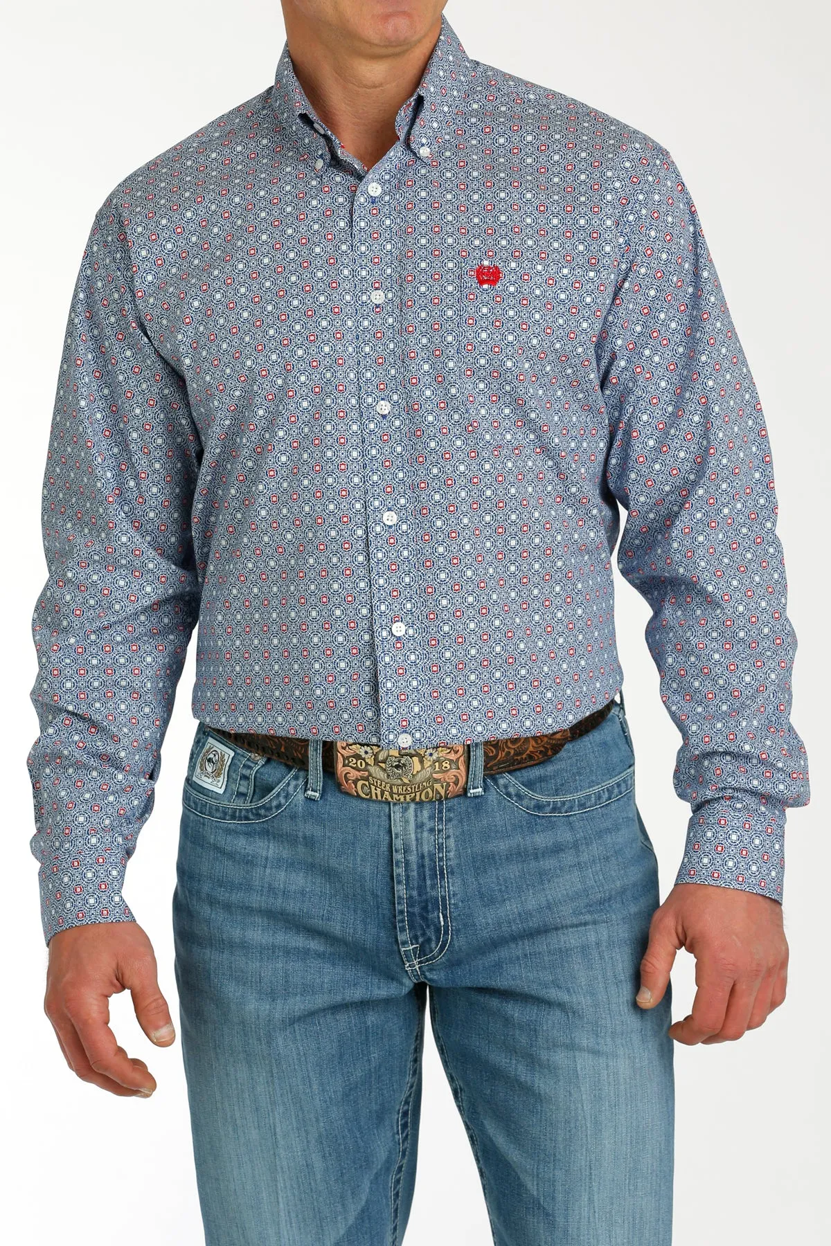 Cinch Royal Blue/White/Red Print Button-Down Stretch Shirt for Men