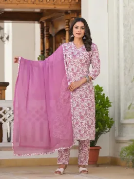 Cotton Purple Kurta And Pant With Dupatta Set