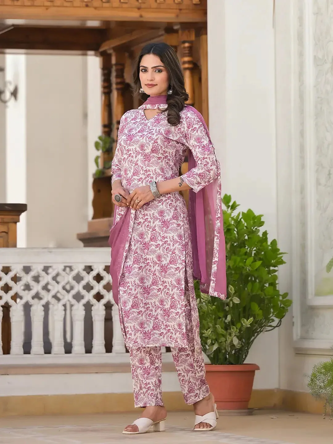 Cotton Purple Kurta And Pant With Dupatta Set