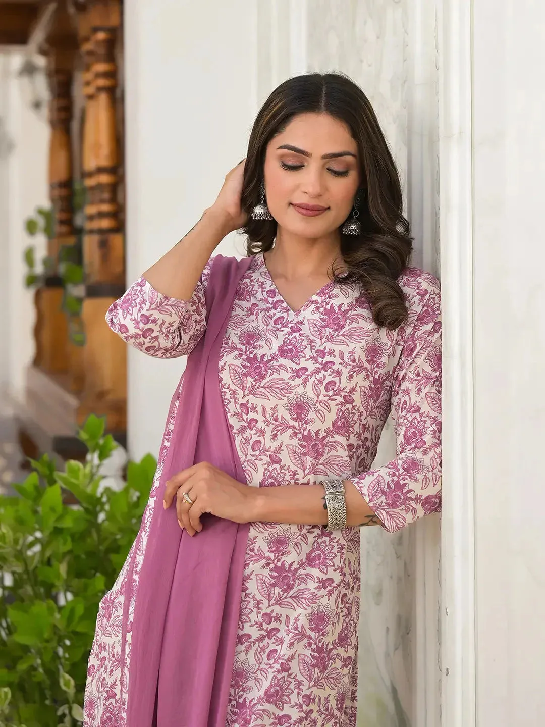 Cotton Purple Kurta And Pant With Dupatta Set