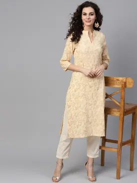 Cream & Gold Floral Printed Kurta Set With Solid Cream Pants