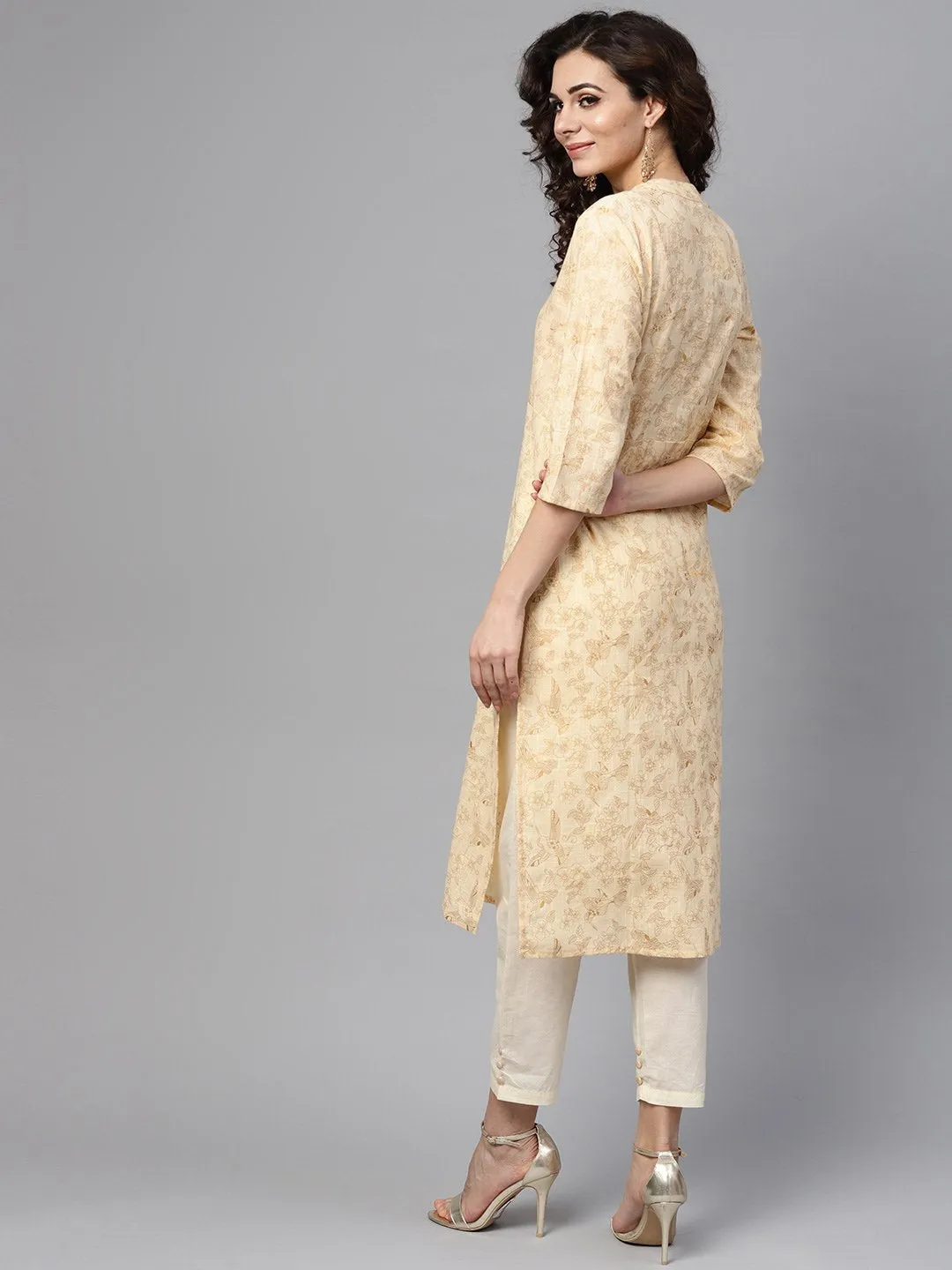 Cream & Gold Floral Printed Kurta Set With Solid Cream Pants