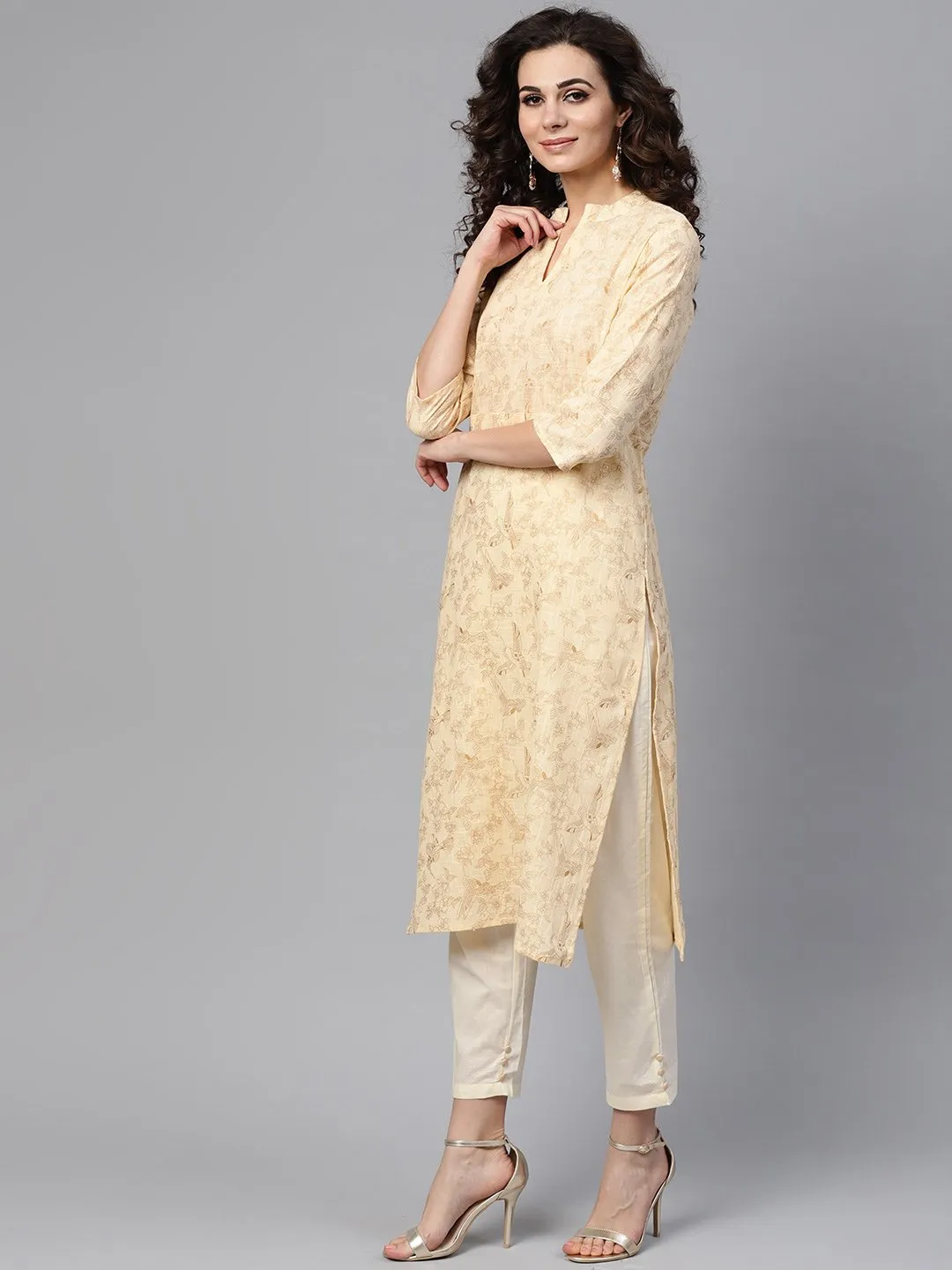 Cream & Gold Floral Printed Kurta Set With Solid Cream Pants