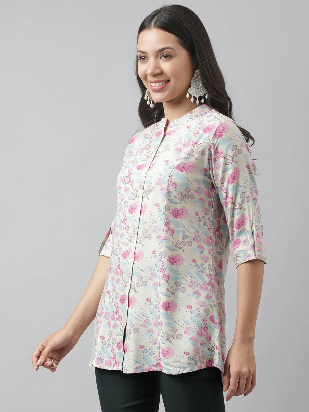 Cream & Pink Floral Print Mandarin Collar Roll-Up Sleeves A-Line Shirt Style Top