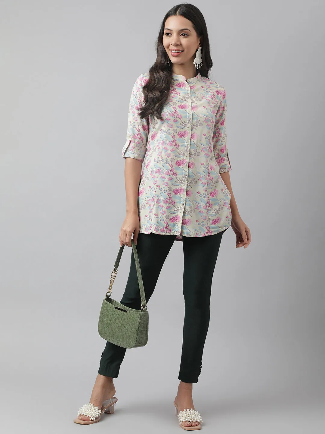 Cream & Pink Floral Print Mandarin Collar Roll-Up Sleeves A-Line Shirt Style Top