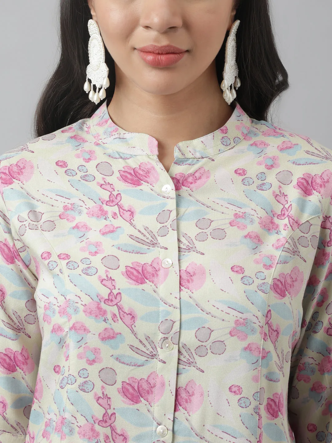 Cream & Pink Floral Print Mandarin Collar Roll-Up Sleeves A-Line Shirt Style Top