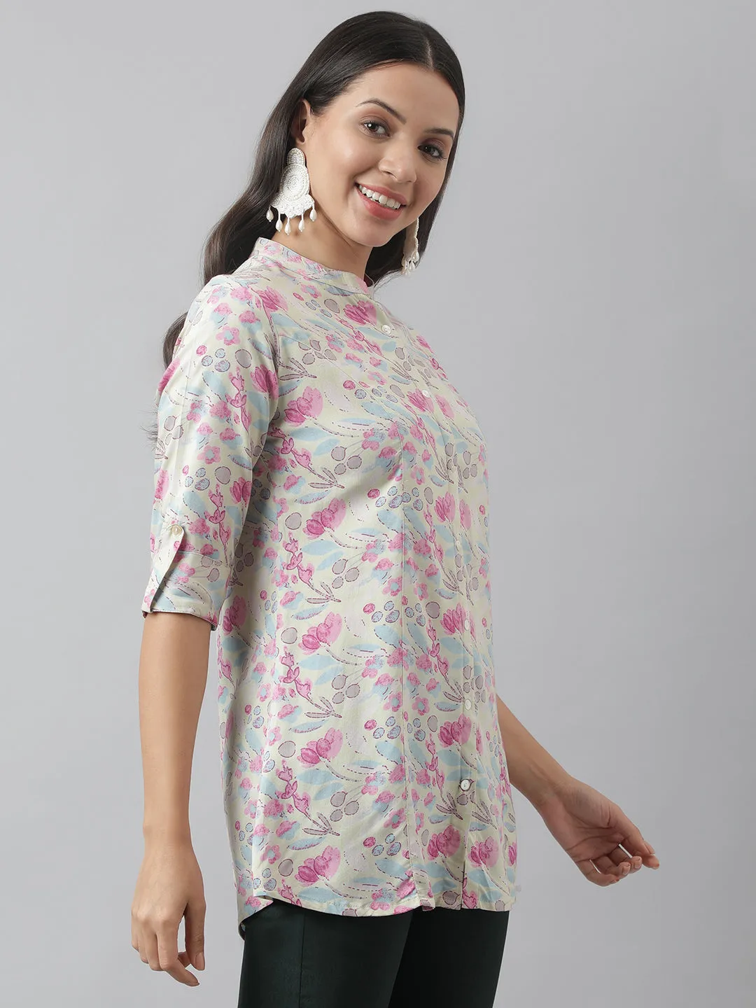 Cream & Pink Floral Print Mandarin Collar Roll-Up Sleeves A-Line Shirt Style Top