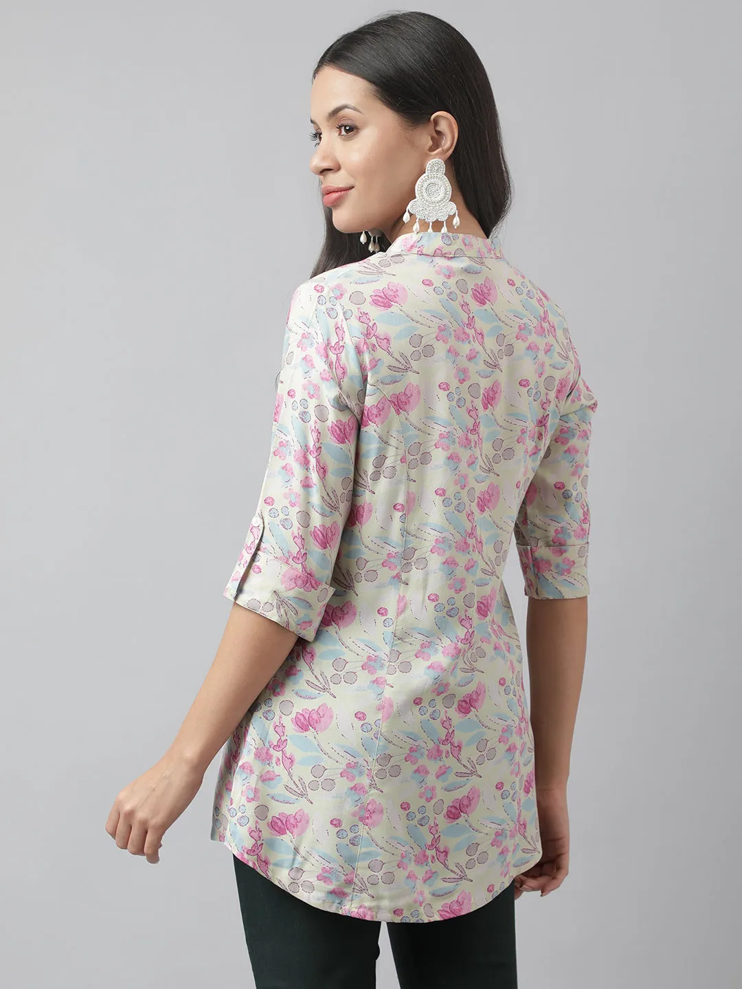 Cream & Pink Floral Print Mandarin Collar Roll-Up Sleeves A-Line Shirt Style Top