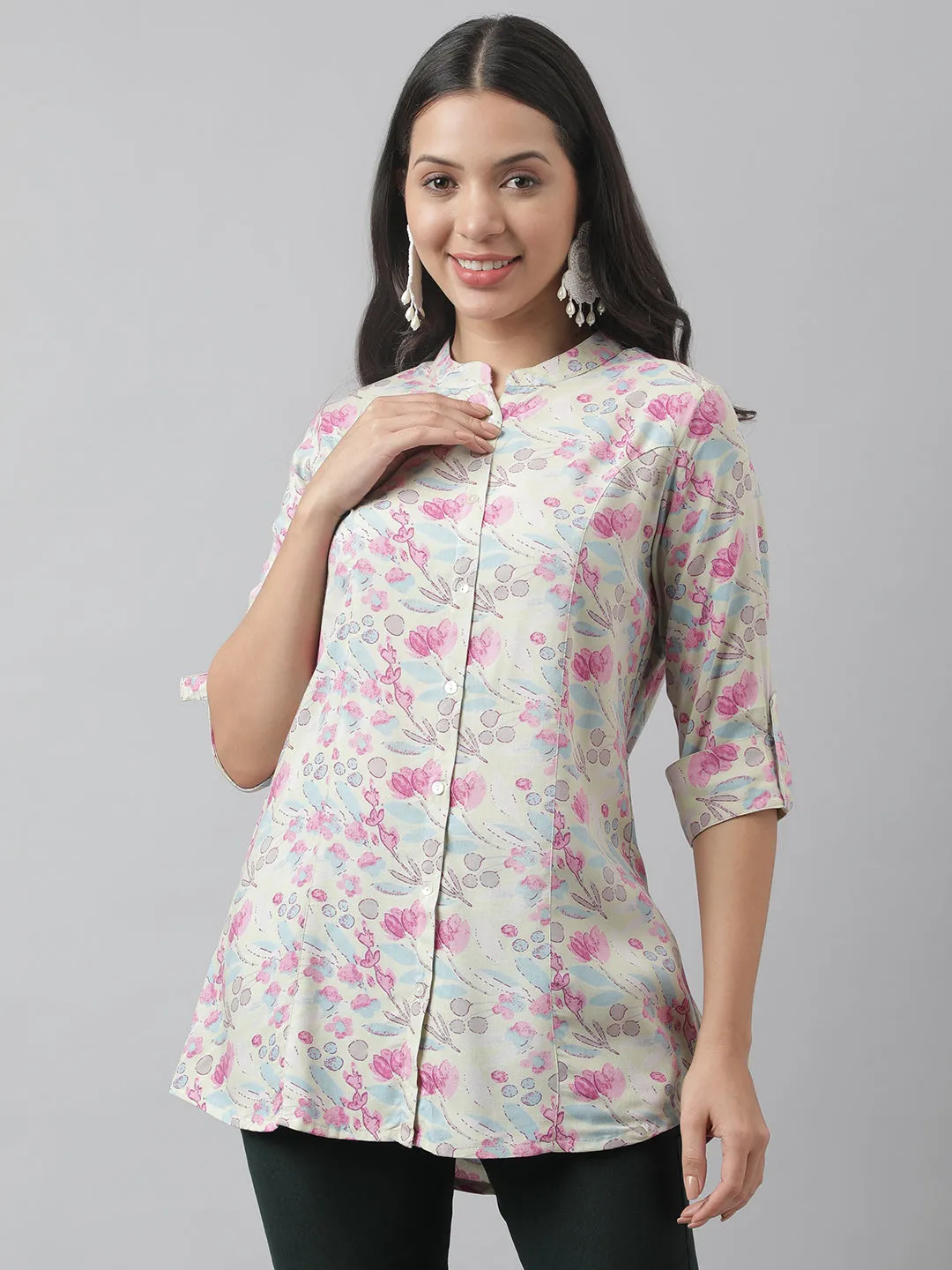 Cream & Pink Floral Print Mandarin Collar Roll-Up Sleeves A-Line Shirt Style Top