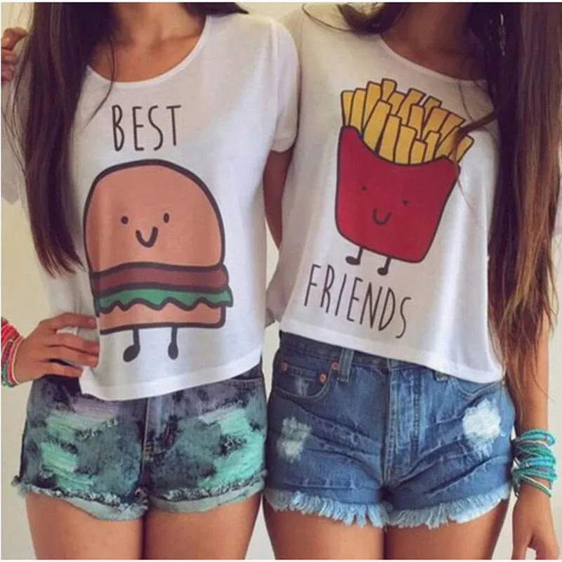 CWLSP Women T-shirt Short Sleeve Crop Top Hamburger Chips BEST FRIEND print T Shirt 2017 Hot Sale Friendship Tops t-shirt QA616