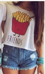 CWLSP Women T-shirt Short Sleeve Crop Top Hamburger Chips BEST FRIEND print T Shirt 2017 Hot Sale Friendship Tops t-shirt QA616