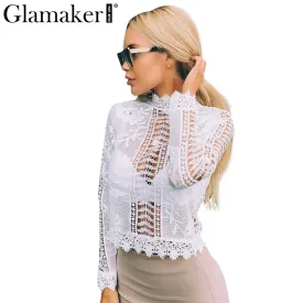 Glamaker sexy white lace blouse shirt Women tops elegant hollow out blouse Summer tops female blouse  long sleeve blusas