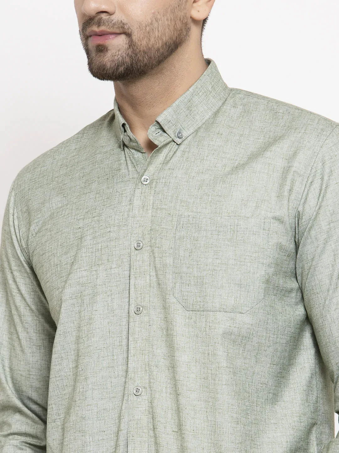 Green Men'S Cotton Solid Button Down Formal Shirts