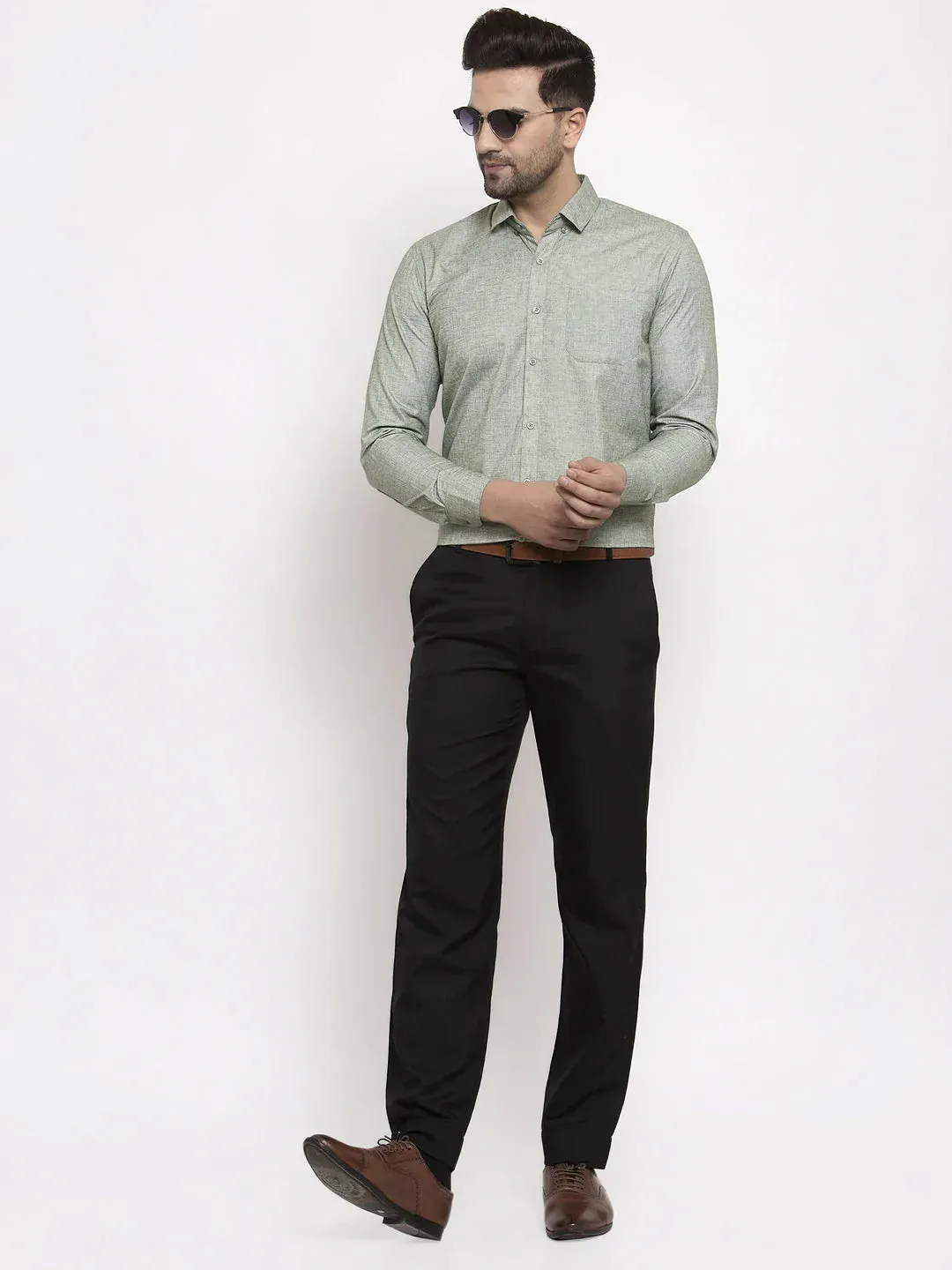 Green Men'S Cotton Solid Button Down Formal Shirts