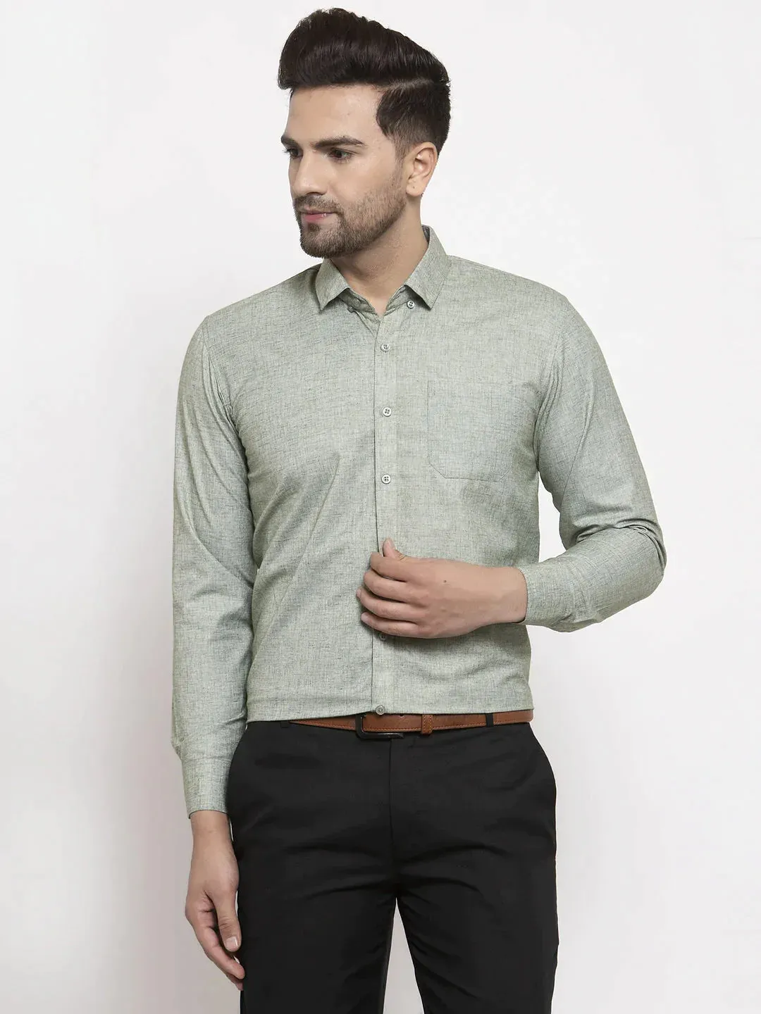 Green Men'S Cotton Solid Button Down Formal Shirts