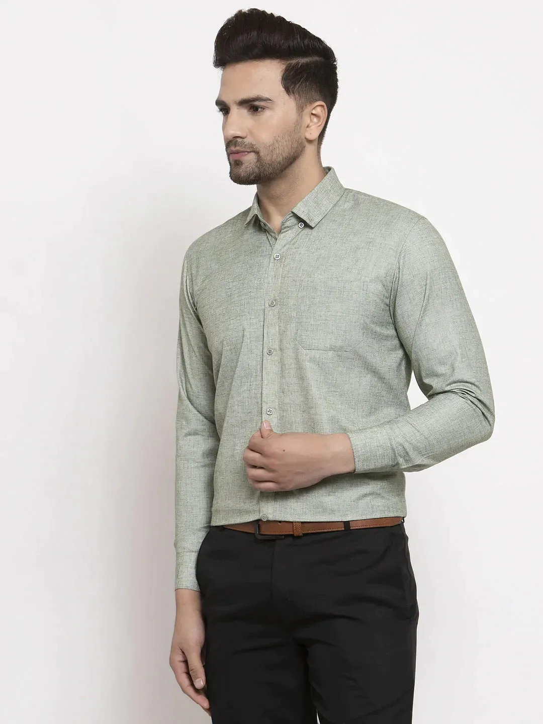 Green Men'S Cotton Solid Button Down Formal Shirts