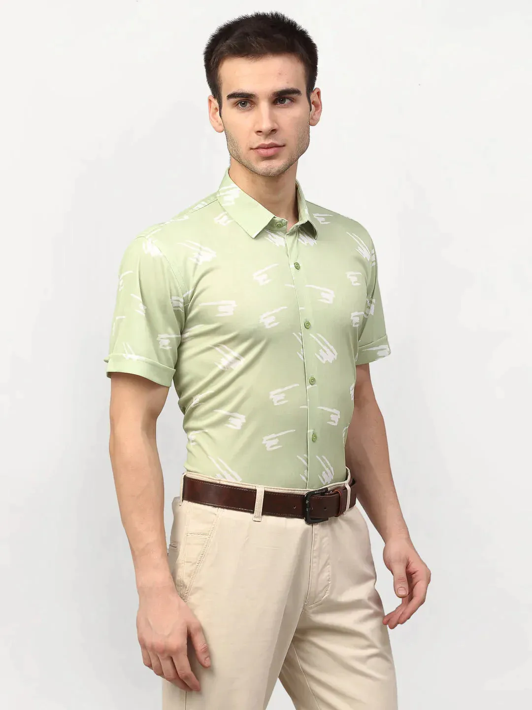 Green Men'S Printed Lycra Half Sleevess Formal Shirts