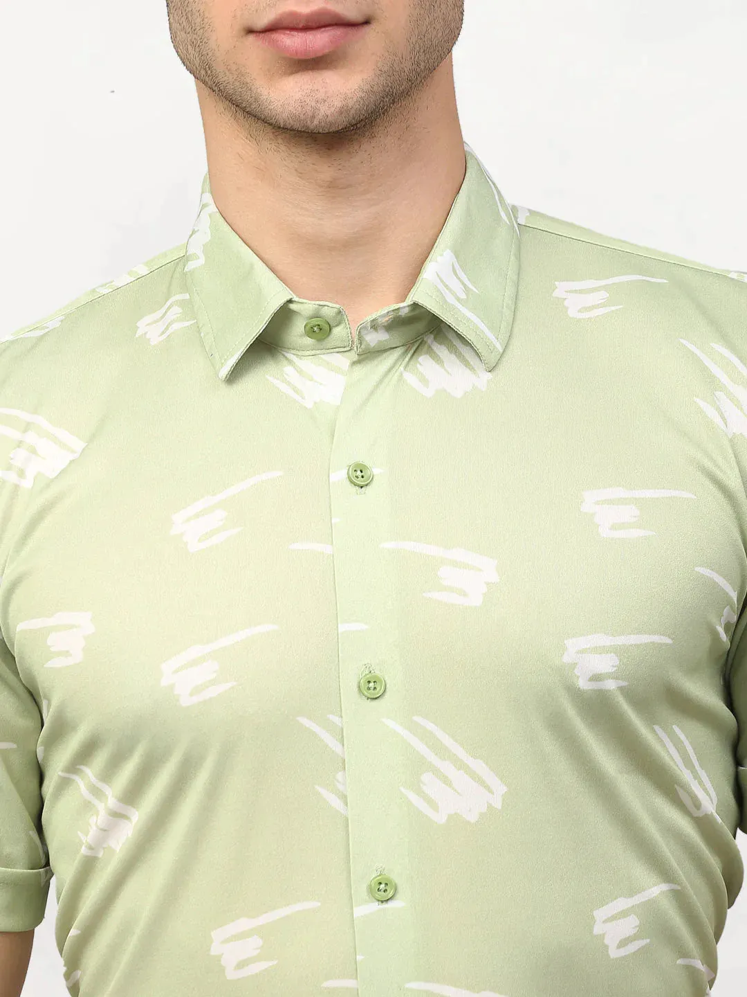 Green Men'S Printed Lycra Half Sleevess Formal Shirts