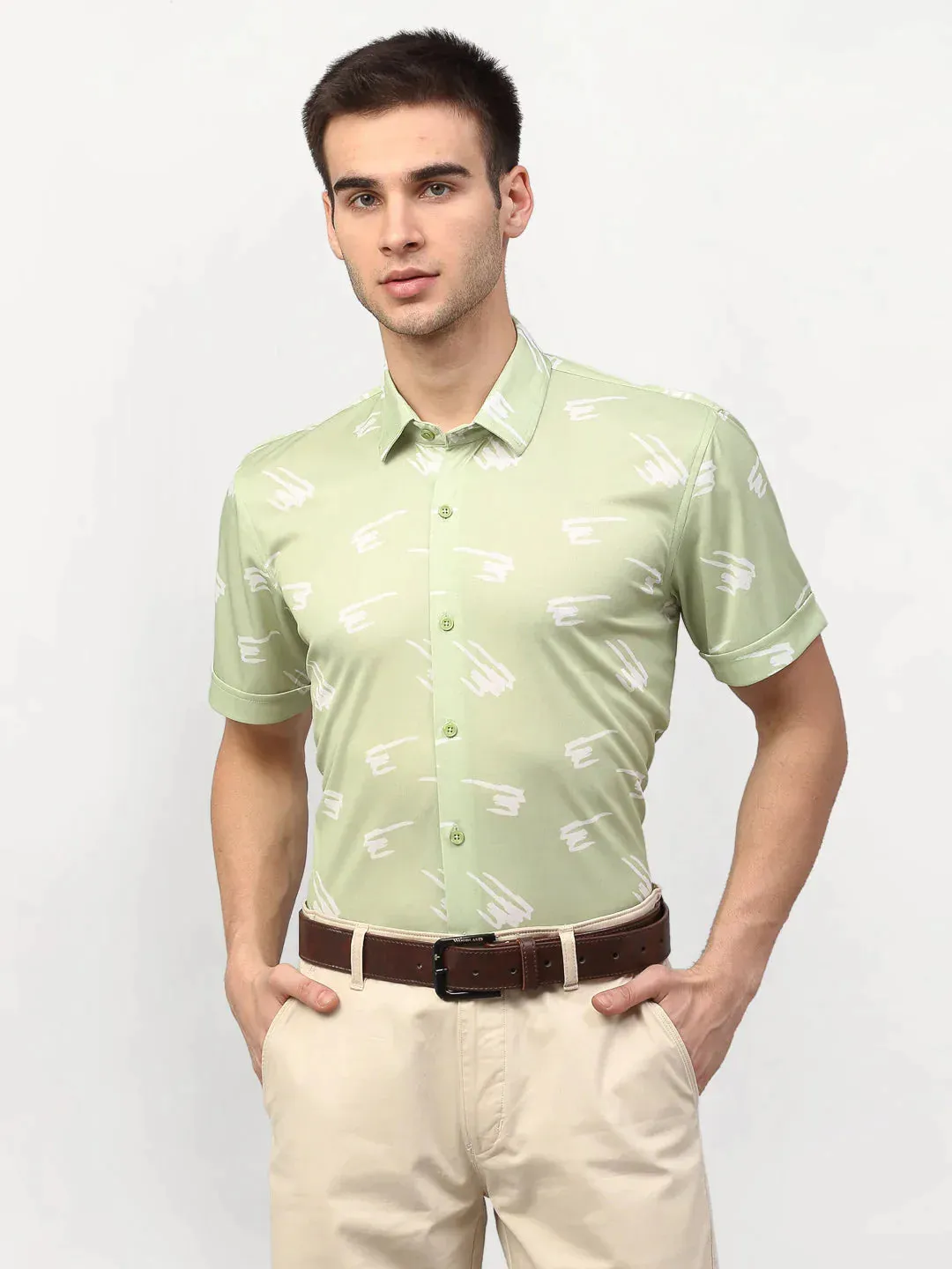 Green Men'S Printed Lycra Half Sleevess Formal Shirts