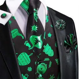 Hi-Tie Mens Waistcoat Black Green Tree Christmas Vest Necktie Set