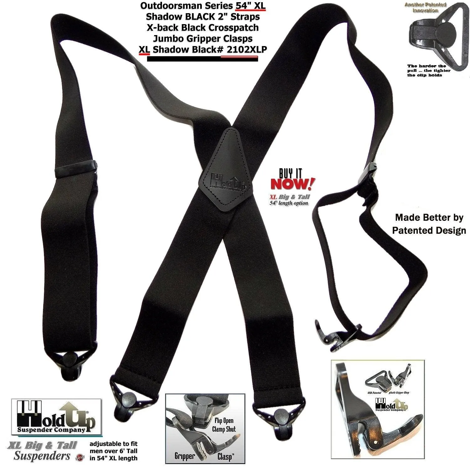 Holdup Brand XL length Shadow Black 2" wide Work Suspenders with black composite plastic Jumbo Black USA Patented Gripper Clasps