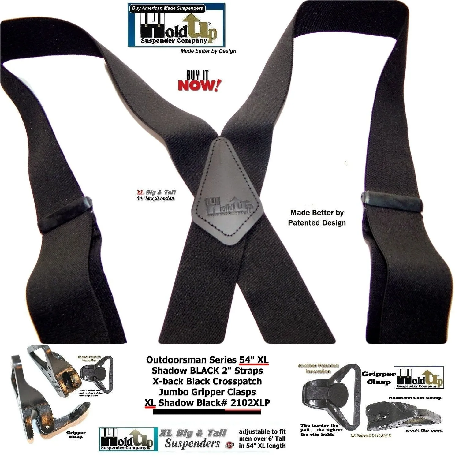 Holdup Brand XL length Shadow Black 2" wide Work Suspenders with black composite plastic Jumbo Black USA Patented Gripper Clasps