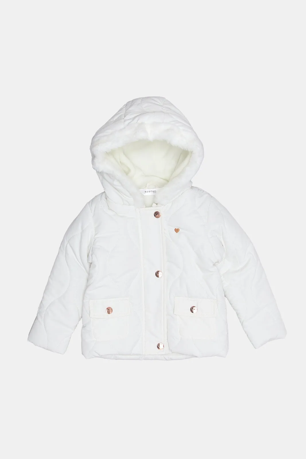 Infant Girls Ivory Padded Coat With Fur Hood