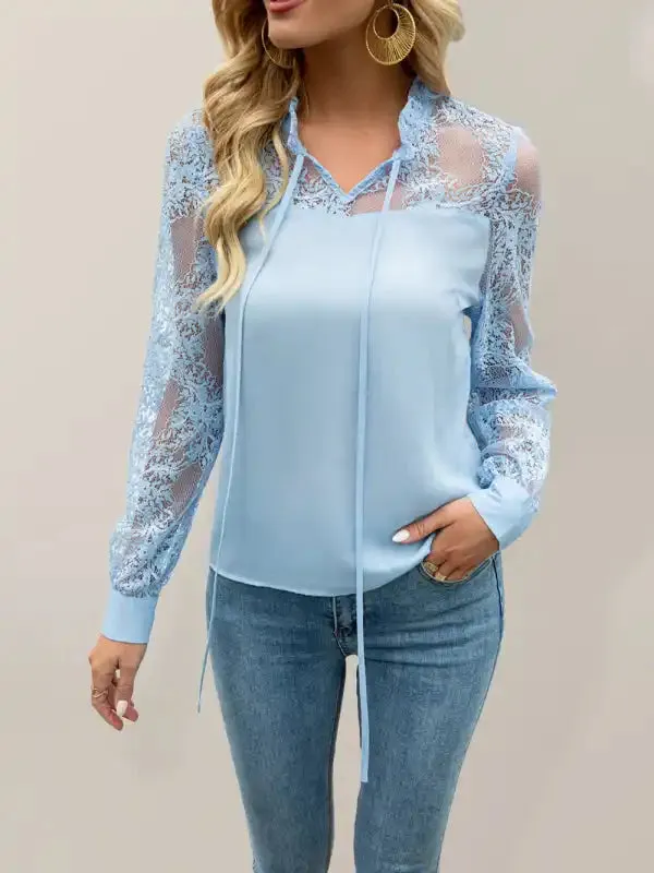 Lace long-sleeve new top V-neck sexy women’s clothing