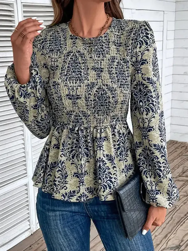 Ladies New Round Neck Elegant Slim Long Sleeve Print