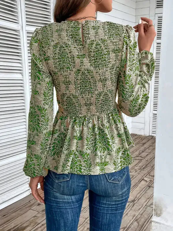 Ladies New Round Neck Elegant Slim Long Sleeve Print