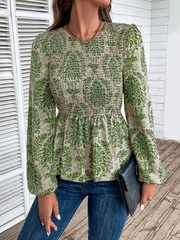 Ladies New Round Neck Elegant Slim Long Sleeve Print