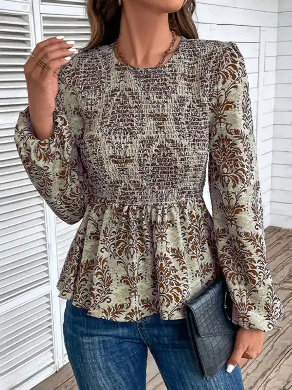 Ladies New Round Neck Elegant Slim Long Sleeve Print