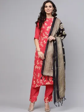 Leaf Printed Straight Kurta And Solid Pants With Printed Dupatta